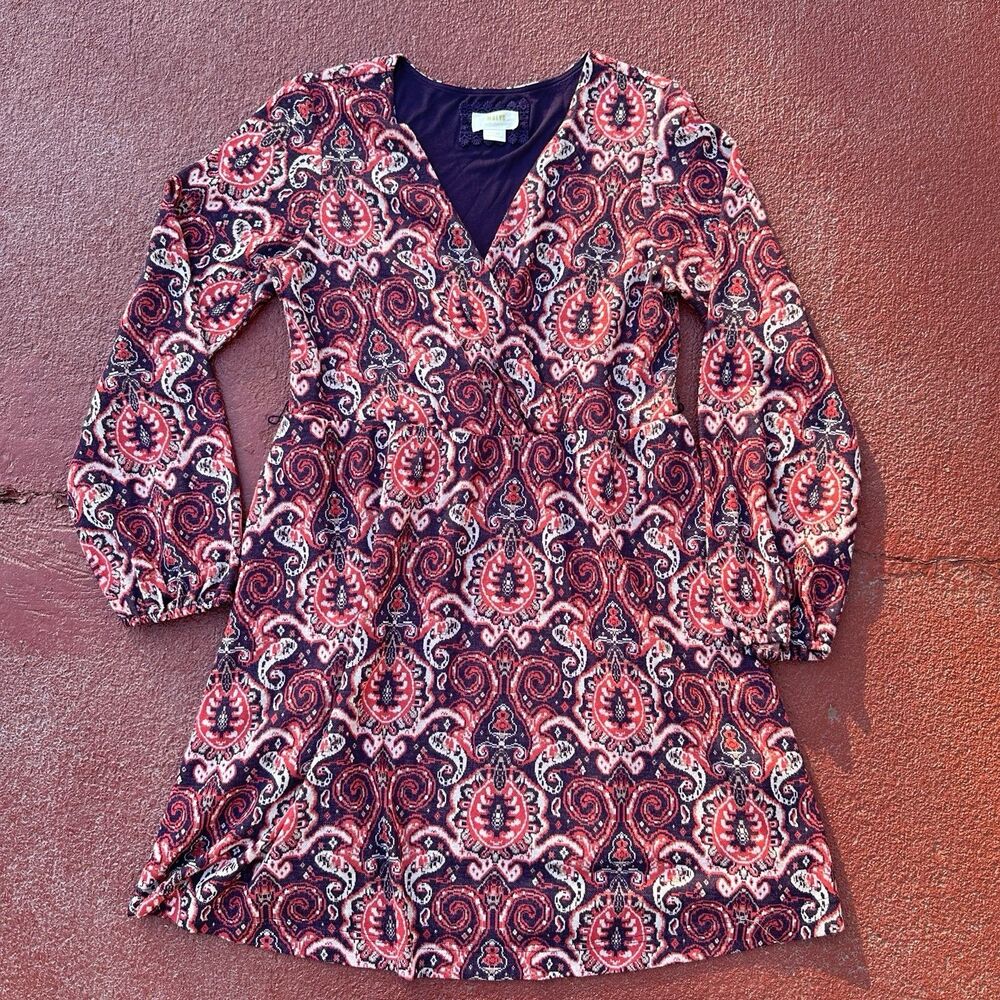Maeve Anthropologie L Faux Wrap Knit Dress Fit Flare Lined Red Knee Lngth